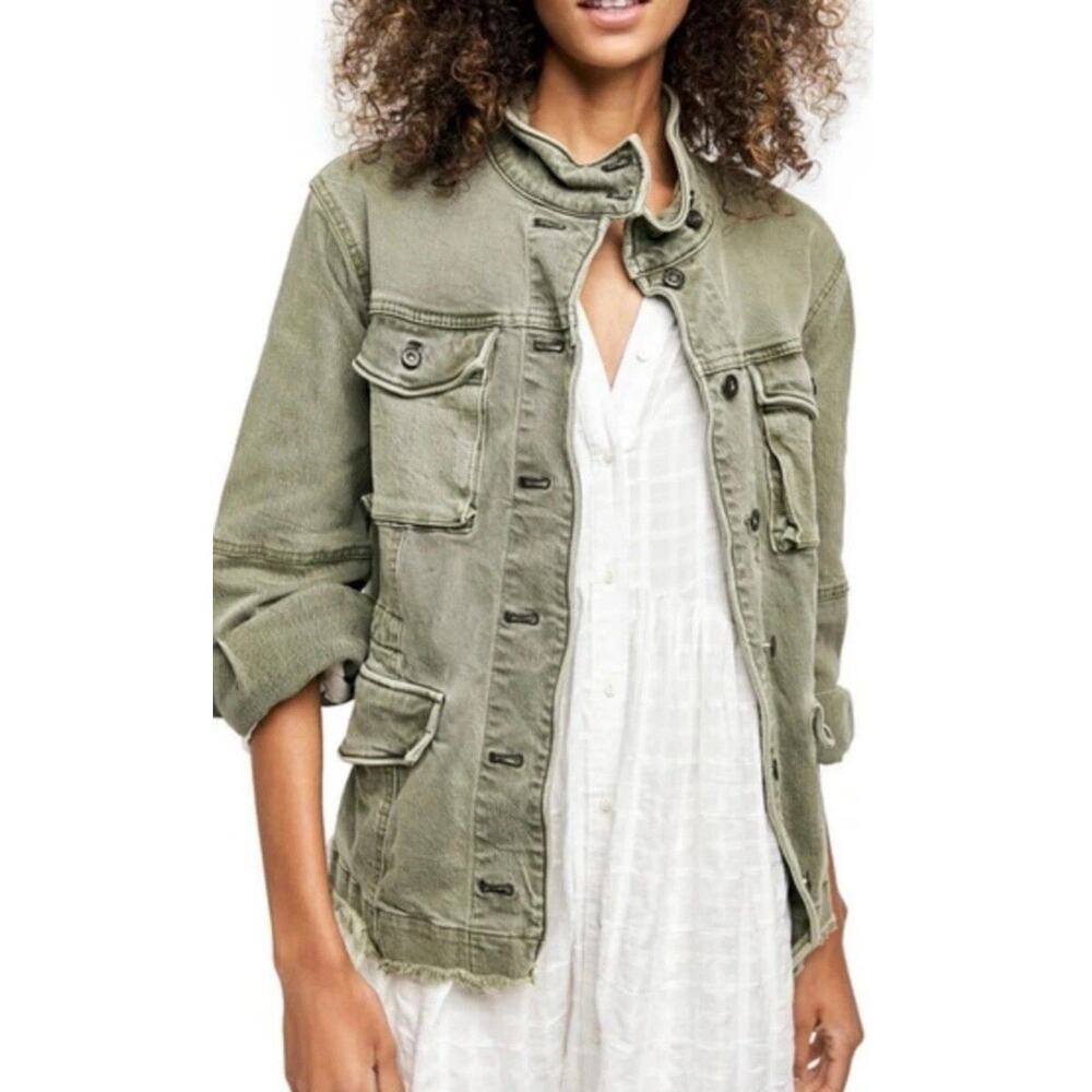 Free People Harley Military Green Denim Utility Jacket In Army Women's S NEW